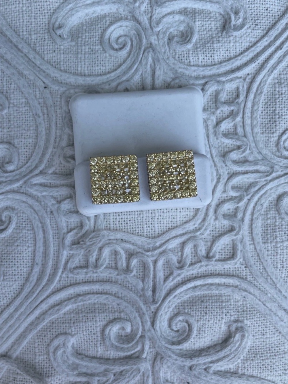 Solid Sterling silver Yellow Square Crystal Pave Stud Earrings - Women Jewelry